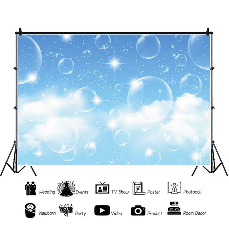 DORCEV 7x5ft Blue Sky Bubble Backdrop for Birthday Party Baby Shower Photography Background Sunny Blue White Cloud Sky Shiny Bubble Bridal Shower Party Banner Wallpaper Portraits Photo Studio Props - Image 2
